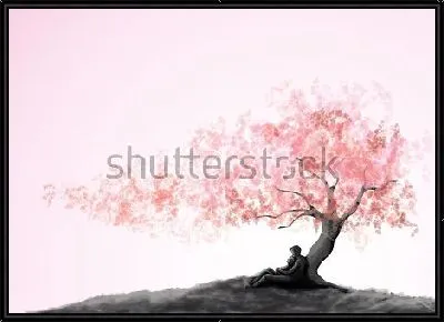 Картина Влюблённая пара под красивым цветущим деревом на нежно-розовом фоне