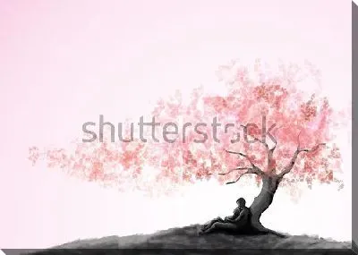 Картина маслом Влюблённая пара под красивым цветущим деревом на нежно-розовом фоне