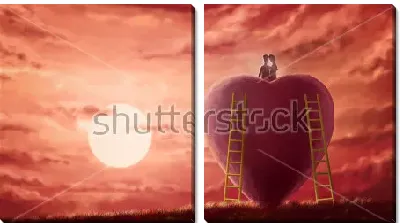 Модульная картина Влюблённая пара сидит на огромном сердце и любуется розовым закатом