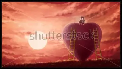 Картина Влюблённая пара сидит на огромном сердце и любуется розовым закатом