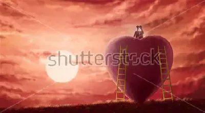 Плакат Влюблённая пара сидит на огромном сердце и любуется розовым закатом