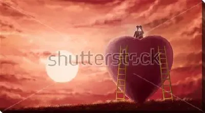 Постер Влюблённая пара сидит на огромном сердце и любуется розовым закатом