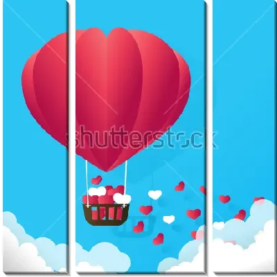 Модульная картина Воздушный шар в форме большого красного сердца плывёт над облаками и рассыпает сердечки
