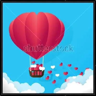 Картина Воздушный шар в форме большого красного сердца плывёт над облаками и рассыпает сердечки