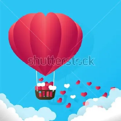 Плакат Воздушный шар в форме большого красного сердца плывёт над облаками и рассыпает сердечки