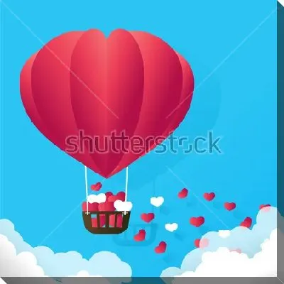 Постер Воздушный шар в форме большого красного сердца плывёт над облаками и рассыпает сердечки