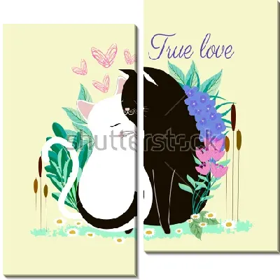 Модульная картина Влюблённая парочка - чёрный кот и белая кошка - на поляне красивых цветов