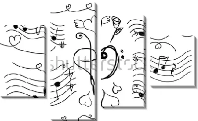 Модульная картина Музыкальная иллюстрация на тему любви - из мелодий, нотных знаков и сердечек на белом фоне