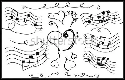 Картина Музыкальная иллюстрация на тему любви - из мелодий, нотных знаков и сердечек на белом фоне