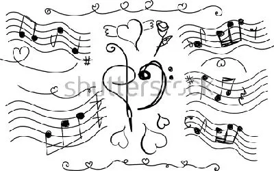 Плакат Музыкальная иллюстрация на тему любви - из мелодий, нотных знаков и сердечек на белом фоне