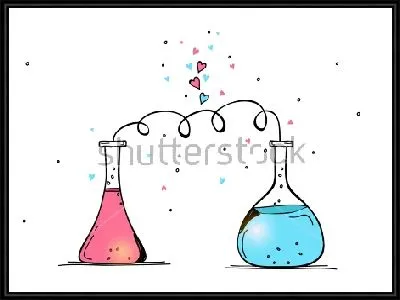 Забавная иллюстрация на тему химии и магии любви - колбочки с реагентами на фоне сердечек