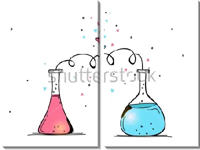 Забавная иллюстрация на тему химии и магии любви - колбочки с реагентами на фоне сердечек