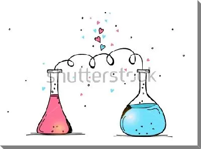 Забавная иллюстрация на тему химии и магии любви - колбочки с реагентами на фоне сердечек