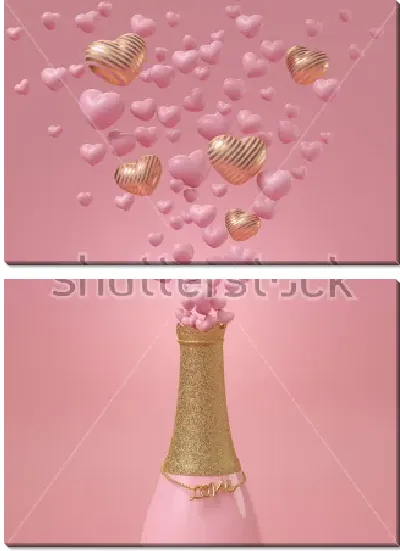 Модульная картина Композиция в розово-золотых тонах - вылетающие из бутылки шампанского брызги в виде сердечек