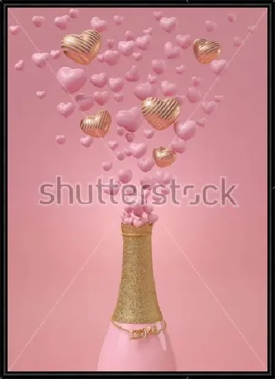 Картина Композиция в розово-золотых тонах - вылетающие из бутылки шампанского брызги в виде сердечек
