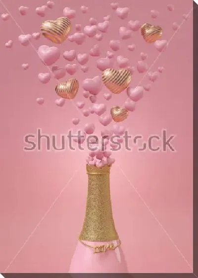 Постер Композиция в розово-золотых тонах - вылетающие из бутылки шампанского брызги в виде сердечек