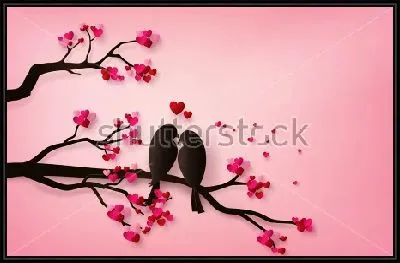 Две птички сидят на ветке дерева с сердечками вместо листьев 