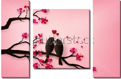 Две птички сидят на ветке дерева с сердечками вместо листьев 