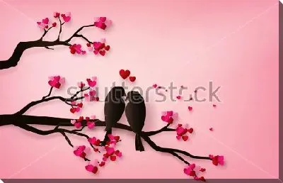 Две птички сидят на ветке дерева с сердечками вместо листьев 