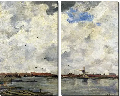 Картина Ветряная мельница и дом у воды. Небо перед бурей (A Windmill and Houses beside Water - Stormy Sky)
