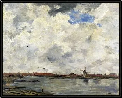 Ветряная мельница и дом у воды. Небо перед бурей (A Windmill and Houses beside Water - Stormy Sky)