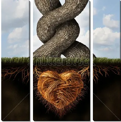 Модульная картина Два обвитых друг другом дерева со сплетёнными в большое сердце корнями