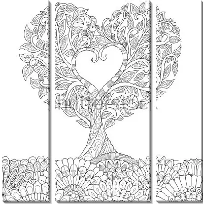 Модульная картина Красивое дерево с сердцем на цветущей поляне