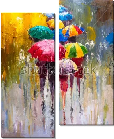 Модульная картина Прохожие с разноцветными зонтами в дождливый день