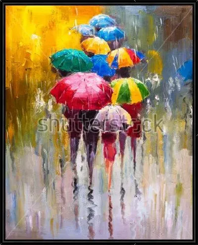 Картина Прохожие с разноцветными зонтами в дождливый день