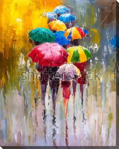 Постер Прохожие с разноцветными зонтами в дождливый день