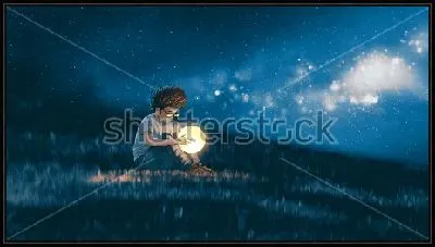 Картина Мальчик сидит на траве под звёздным небом и держит в руках большой светящийся шар-Луну