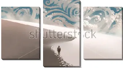 Модульная картина Одинокий человек бредёт по пескам пустыни на фоне неба в морозных узорах