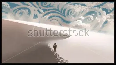 Картина Одинокий человек бредёт по пескам пустыни на фоне неба в морозных узорах