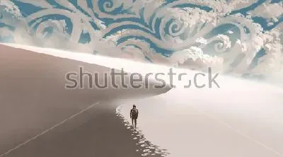 Плакат Одинокий человек бредёт по пескам пустыни на фоне неба в морозных узорах