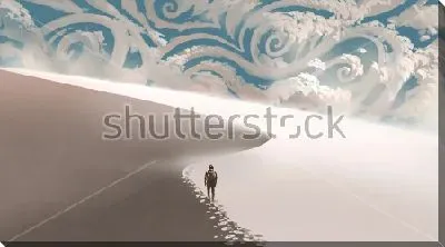 Постер Одинокий человек бредёт по пескам пустыни на фоне неба в морозных узорах