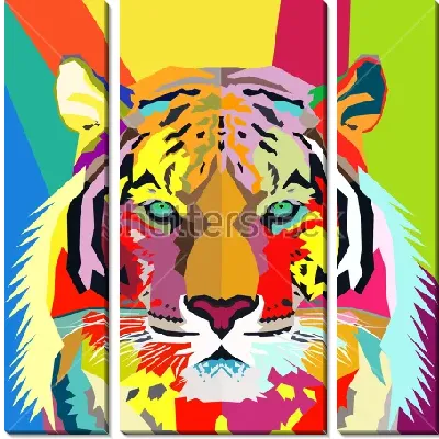 Модульная картина Яркий красочный коллаж с портретом тигра на фоне разноцветных геометрических фигур