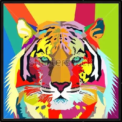 Картина Яркий красочный коллаж с портретом тигра на фоне разноцветных геометрических фигур