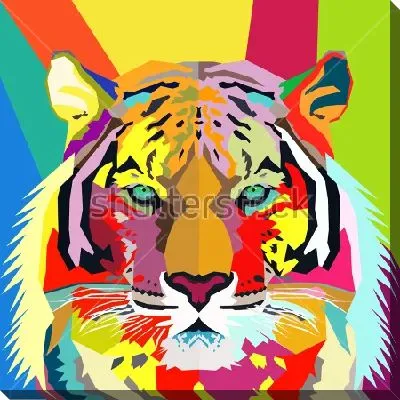 Картина маслом Яркий красочный коллаж с портретом тигра на фоне разноцветных геометрических фигур
