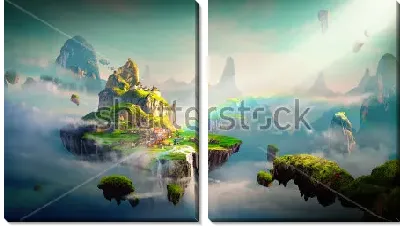 Модульная картина Фантастические плавающие небесные острова в лучах радуги