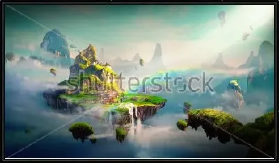 Картина Фантастические плавающие небесные острова в лучах радуги