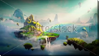 Постер Фантастические плавающие небесные острова в лучах радуги