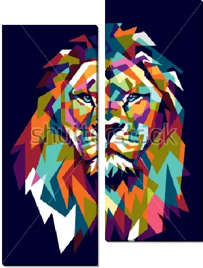 Модульная картина Красочный геометрический портрет льва на тёмном фоне