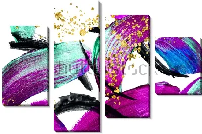 Модульная картина Опавшие лепестки фиолетового ириса в золотой пыли - контрастная композиция ярких мазков на белом фоне