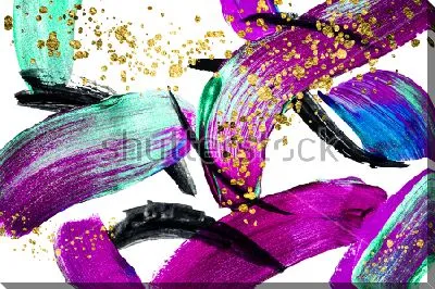 Картина маслом Опавшие лепестки фиолетового ириса в золотой пыли - контрастная композиция ярких мазков на белом фоне