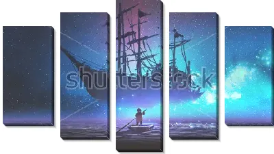 Модульная картина Маленький мальчик плывёт по морю в маленькой ладье и видит перед собой  большой красивый парусник, плывущий по звёздам