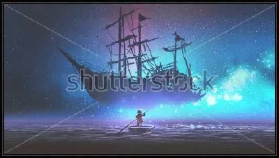Картина Маленький мальчик плывёт по морю в маленькой ладье и видит перед собой  большой красивый парусник, плывущий по звёздам
