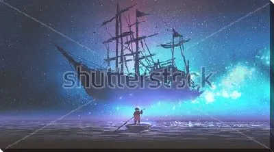 Постер Маленький мальчик плывёт по морю в маленькой ладье и видит перед собой  большой красивый парусник, плывущий по звёздам