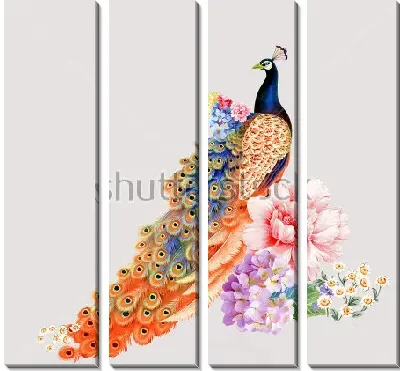 Модульная картина Яркий павлин в прекрасных цветах на светлом фоне