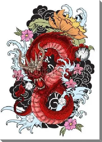 Постер Ярко-красный дракон в красивом растительном орнаменте