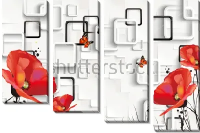 Модульная картина Яркий коллаж с красными маками, бабочками и квадратами